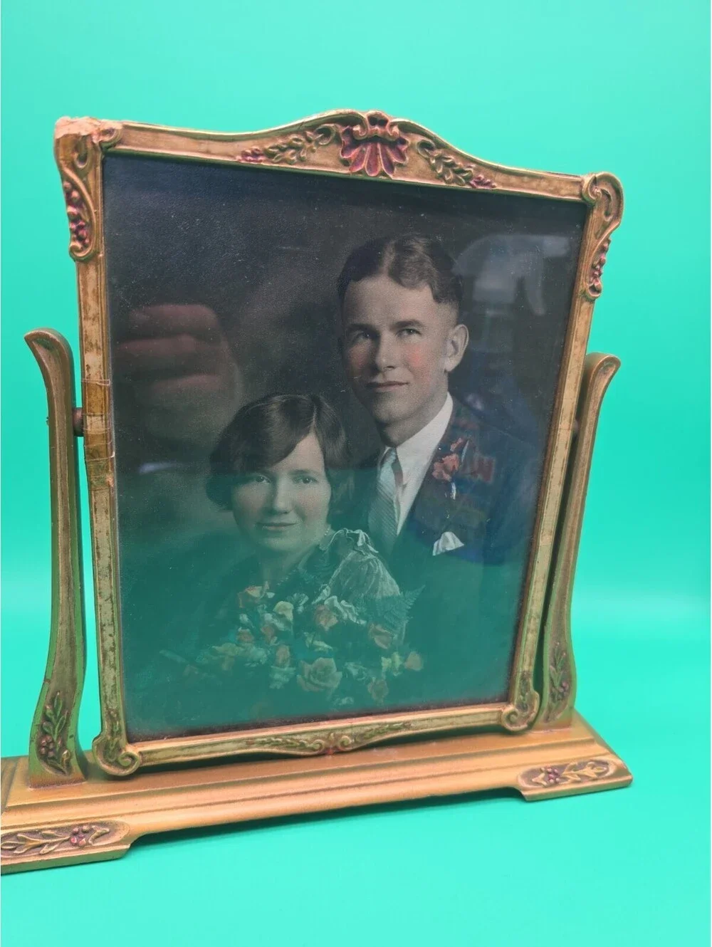 Antique 1930s Art Deco Victorian Style Ornate Wood Picture Frame Hand Colored